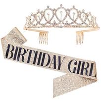 Gimtadienio sash Tiara karūnos rinkinys moterims, miela gimtadienio šventės dekoravimo dovana Birthday Girl auksas