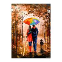 Įsimylėjusi pora su skėčiu einanti gatve Eifelio bokštas drobė aliejinis paveikslas plakatas rudens peizažas sienų menas namų dekoras 20x30cm beige