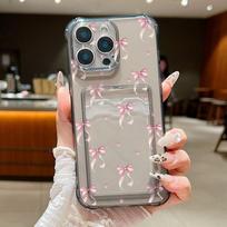 Rožinės kaspinėlio rašto kortelių laikiklio telefono dėklas, skirtas iPhone 16 Pro 15 14 13 Pro Max 12 11, atsparus smūgiams, skaidrus, minkštas TPU, apsaugantis objektyvą, plonas dangtelis iPhone 16 pilka spalva