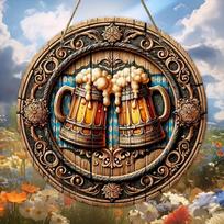 1 vnt. 2D plokščias Oktoberfest šventės ženklas - 20 cm apvalus medinis Biergarten dekoras su alaus bokalais ir sveikinimo žodžiu  Prost  - Puikiai tinka namams, 20cm*20cm