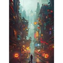 Prosperous Cyberpunk City Painting Canvas Poster Future World Wall Art Picture for Living Room Bedroom Modern Home Decor Gift 21cm×30cm NoFrame
