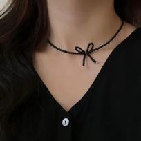 Korean Black Pearl Bow Necklace - Elegant Women's Choker