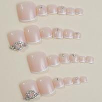 24PCS Short Square Press On Toenails White French Tip Fake Toe Nails With Rhinestone Designs Full Cover Acrylic Toenails For Women Nail Supplies