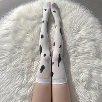 Karvės rašto baltos kojinės moterims JK mergaitėms iki kelių, virš kelių, Lolita Kawaii, mielos, virš kelių, moteriškos kojinės One Size balta