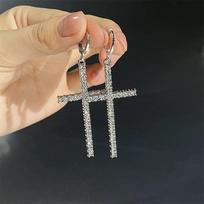 Trendy Large Zirconia Cross Ear Cuff Earrings - European & American Style, Fashionable Face-Slimming Jewelry