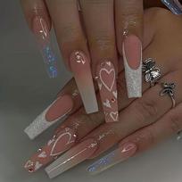 24pcs Medium Length Press On Nails with Bow Tie Design Long Coffin Shape Artificial Nails Set for Nail Art Decoration and Styling One Size rožinė