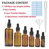 1-100ML Gintarinio Stiklo Lašintuvų Buteliukų Rinkinys Su Juodu Dangteliu Eteriniams Masažo Aliejams Pipetė Įpilami Buteliukai 15ml 1pcs