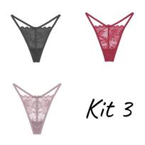 FINETOO  Kit 3 Women Cotton Thongs Sexy Low-Waist G-string Lace Floral Panties Bikini Lingerie S