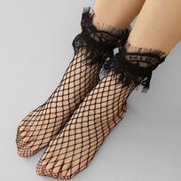 Hollow Out Black Mesh Socks with Bow Pearl Lace Mid Tube Socks Women's Short Stockings