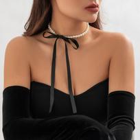 „Elegant“ perlų imitacijos karoliai „Choker“ su juoda virvele, moteriški papuošalai ant kaklo Prancūziško stiliaus sujungiami karoliai