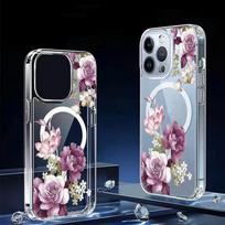 Violetinės gėlės magnetinis dėklas, skirtas iPhone 15/16/17 Pro Max - Skaidrus viso korpuso apsauga iPhone 15 Pro Max skaidri