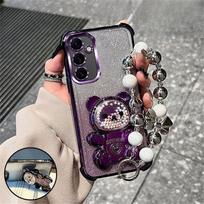Prabangus lankelio dirželis meškiuko telefono laikiklis dėklas Samsung A17 A16 A36 A56 A15 A25 A35 A55 A14 A34 A54, blizgučiai, atsparus smūgiams, stovas, dangtelis For Samsung A07