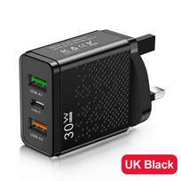 Iš viso 30W USB C įkroviklis Greitas įkrovimas C tipo PD telefono įkroviklio adapteris iPhone Samsung Xiaomi QC3.0 3 prievadų USB sieninis įkroviklis Black-UK