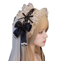 Lolitas Maid Cosplay Headband Headdress Bows Lace Hair Band Hair Accessories Ruffle Lace Headband for Women Girls Gifts juoda balta spalva