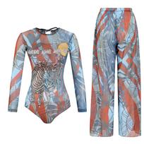 Long-sleeved Sunscreen Swimsuit Women's High Elastic Thickened Mesh Loose Trousers European and American Swimwear Fitness One-piece S gray