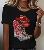 Moterims Raudni Cirkonio Kaubojiški Batai Skrybėlė T-shirt Vakarų Glamūro Spaudinys Trumpomis Rankovėmis Apvalia Kaklo Laisvalaikio Viršūnės Juodos Vasaros Kasdieniai Drabužiai 2XL brown