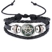 Apverstas Zodiako Ženklas Pentagrama Šėtoniškas Pentagramos Žvaigždės Simboliai Stikliniai Odiniai Apyrankės žalia