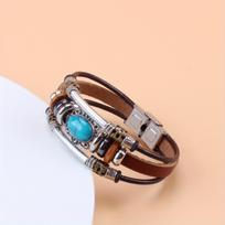 Vintage Style Green Turquoise Beaded PU Leather Stainless Steel Buckle Bracelet white