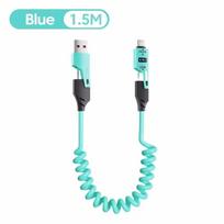 65W Greitasis Įkroviklis Spyruoklinis USB Kabelis 4 viename Spyruoklinis Duomenų Kabelis 6A USB Type C Spyruoklinis Teleskopinis Laidas iPhone iPad MacBook Huawei mėlyna