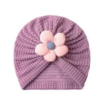Lovely Flower Baby Hat Solid Color Infant Girls Turban Cap Spring Autumn Soft Warm Toddler Beanie Indian Hat violetinė