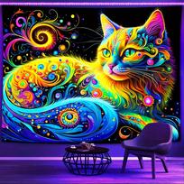 Psichodelinis Katės Fluorescencinis Gobelenas Kosmosas UV Juodos Šviesos Gobelenas, Sieninis Pakabinamas Svetainei Miegamajam Biurui Namų Dekoravimui 95x73cm