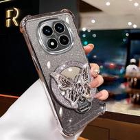 Blizgantis drugelio veidrodinis laikiklis dėklas Xiaomi Redmi 14C Note 14 15 Pro Plus 15 15C 14S 4G 5G smūgiams atsparus minkštas silikoninis dangtelis Redmi Note 14 (5G) gray