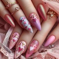 24PCS Sweet Pink Almond Press on Nails Valentine's Cute Heart Star Bow French Fake Nails Ins Style Cherry Lips False Nails Tools