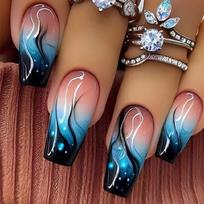 24 Pcs Long Ballerinas Press On Nail Acrylic False Nail Artificial Nail Blue Gradient Flame Stick on Nail for Party 1