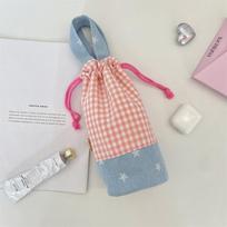 Portable Grid Water Cup Bag Anti-scalding Reusable Insulated Cup Cover Drawstring Handbag Cup Accessories rožinė