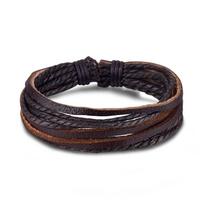 Vyriška vintažinė daugiasluoksnė odinė apyrankė su tuščiaviduriais trikampio formos karoliukais Leather Bracelet