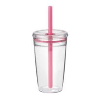 Vandens puodelis su dangteliu ir šiaudeliu 450ML Be BPA Daugkartinio naudojimo puodelis ledinei kavai Skaidrūs plastikiniai gėrimų indai arbatai, kokteiliams 450ML rožinė raudona spalva