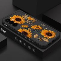 Saulėgrąžų gėlių dėklas telefonui Samsung Galaxy A56 A17 A26 A16 A36 A55 A54 A53 A15 S24 S25 FE S25 S22 S23 S26 Ultra Plus su dirželiu Minkštas dėklas Samsung S26 Ultra juoda