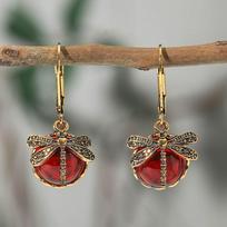 Carving Pattern Dragonfly Pendant Earrings Vintage = Creative Vintage Dragonfly Earrings  Women raudona
