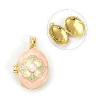 1 Piece Brass & Acrylic Picture Photo Locket Frame Pendants 18K Gold Plated Enamel Oval Flower Can Open Charms For DIY Neckalce rožinė