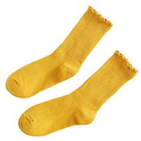 Ribbed Knitted Lettuces Crew Frilly Cotton Socks for Women and Girls Solid Color Ruffle Short Anklet Socks geltona
