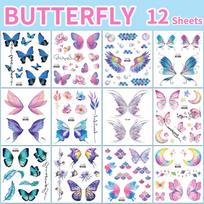 12 Sheets Waterproof Temporary Glitter Butterfly Tattoos Suitable for Women Girls Shiny Glitter Body Art Stickers with Butterfly Wings