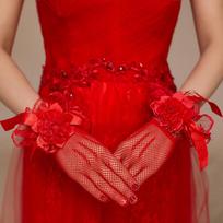 Red White Lace Bridal Gloves Mitts Married a Short Paragraph Flowers Wedding Accessories raudona