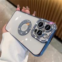 Prabangus dengiamasis rėmas Bling Diamond Lens Apsauginis minkštas dėklas, skirtas iPhone 16 15 Pro Max 14 Pro Max 13 12 11 Skaidrus smūgiams atsparus dangtelis iPhone 15 Plus mėlyna