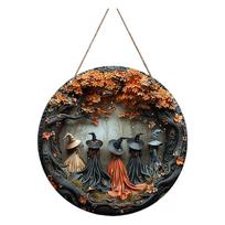Medinė raganos formos Halloween pakabinama dekoracija, 5 raganos, išskirtinis apvalus pakabinamas pakabukas verandai, sienai One Size