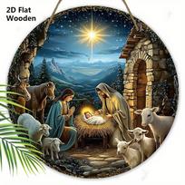 Medinis Kūdikėlio Jėzaus Kalėdinis Ženklas su Žvaigždėtu Dangumi ir Akmeninio Namo Raštu - Žavingas Navidad Ženklas ir Plaketės - Ideali Kalėdinė Dovana Draugui 20cm/7.87in mėlyna