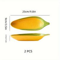 2 vnt. kūrybingi kukurūzų formos keraminiai padėklai, idealūs duonai, desertams, užkandžiams, sušiui, 24,89 cm/29,46 cm, saugūs maistui 24.89cm Plate yellow