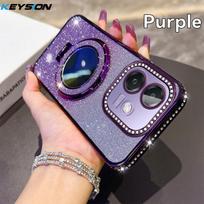 KEYSION Luxury Glitter Jewelled Magnetic Phone Case for OPPO A3X 5G A3 5G Makeup Mirror Stand Shockproof Cover for OPPO A40 A40m for OPPO A40 violetinė