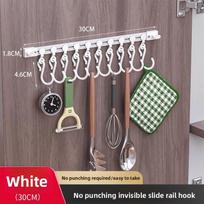 Stumdomos spintelės durų kabliukai, Pakabinamas virtuvės laikiklis su S kabliukais, Lipnus įrankių laikiklis organizatorius 30cm with 10 hooks white