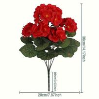 UV spinduliams atsparios dirbtinės pelargonijų gėlės - ryškiai raudonos su žaliais lapais, patvarios plastikinės vidaus / lauko dekoracijos sodams, terasoms, vestuvėms
