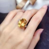 Yellow Citrine Imitation Diamond Ring - Women's Open Gem, Large Particle, Dazzling Design Adjustable platina