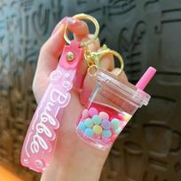 Exquisite Cute Jelly Bean Milk Tea Keychain: Quicksand Liquid Pendant Bag Accessory Gift rožinė