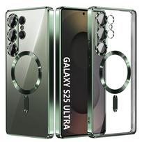 Magnetinis Magsafe silikoninis dėklas Samsung S25 Edge S24 S23 S21 FE S22 Ultra Plus, prabangus, su blizgučiais, dengtas, skaidrus, minkštas korpusas Galaxy S24 FE žalia