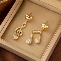 1Pair Fashion Trend Gold Asymmetrical Rhinestone Inlaid Love Music Note Pendant Earrings auksas