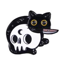 Enamel Craft Brooch Halloween Cartoon Black Cat Skeleton Shape Alloy Badge Compact Size Lapel Pin Easy to Fall Off Accessory A