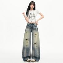 Spring Summer Dandy High Waist Drape Ripped Lazy Relaxed Wide Leg Denim Pants For Women Casual Pants Oversize Denim Trousers XS